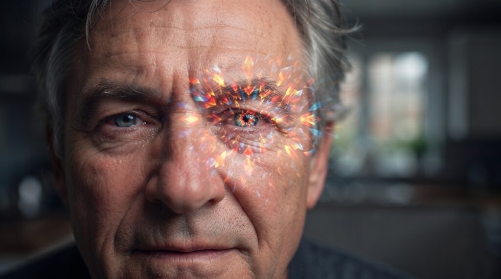 Hombre mayor con molestia visual, un síntoma que puede afectar a un solo ojo