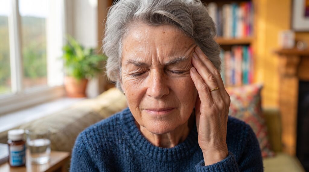 Mujer de unos 55 años sujetándose la cabeza por una migraña con aura