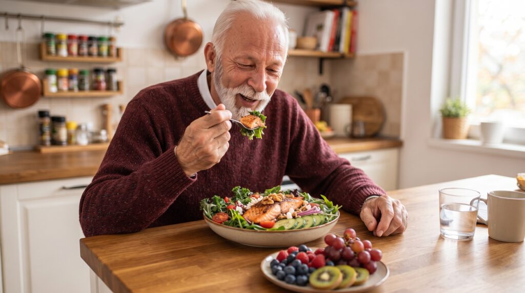 Persona mayor comiendo pescado, verduras y fruta, fuentes naturales de vitaminas para la vista
