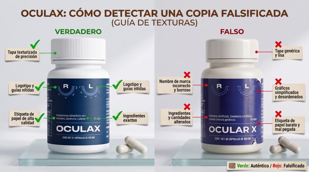 Comparación entre un frasco de Oculax auténtico y una imitación falsa