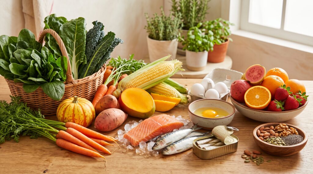 Mesa con verduras de hoja verde, salmón, sardinas, huevo, frutas y frutos secos para la salud ocular