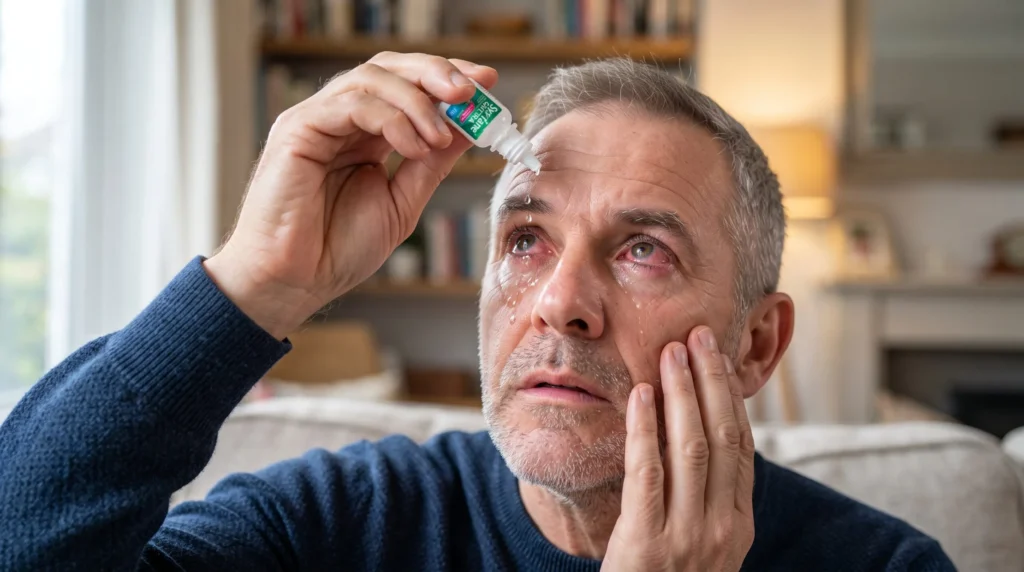 Hombre mayor aplicando gotas para aliviar el ardor en los ojos