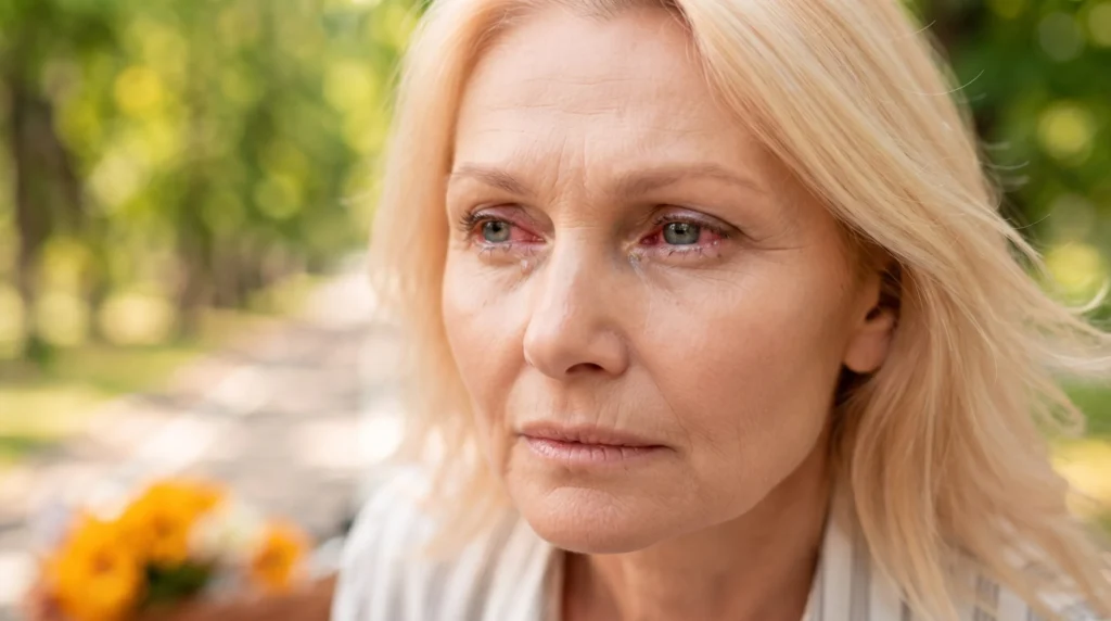 Mujer mayor con ardor en los ojos y síntomas de sequedad