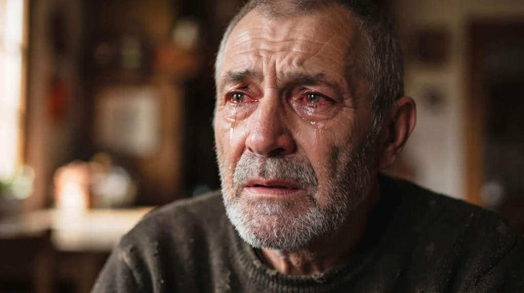 Hombre mayor con ardor en los ojos y lagrimeo excesivo