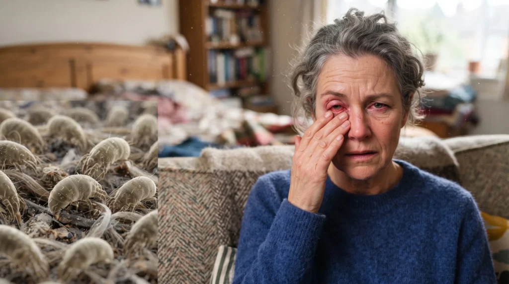 Mujer mayor con alergia ocular que provoca ardor y comezón en los ojos