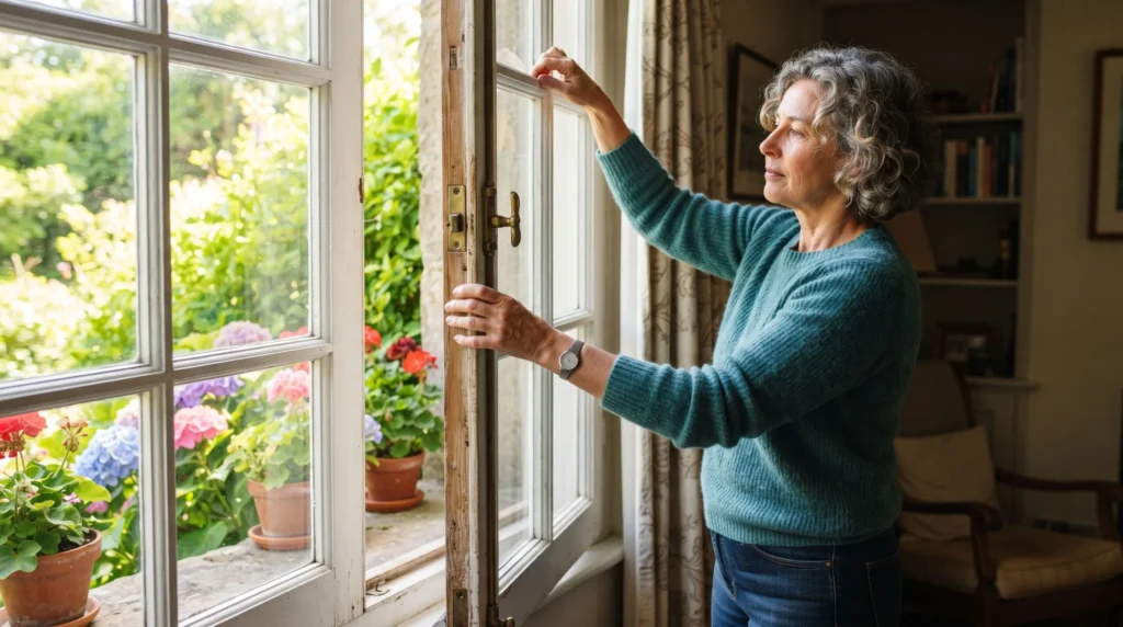 Mujer cerrando ventana para reducir el ardor y comezón en los ojos por el ambiente