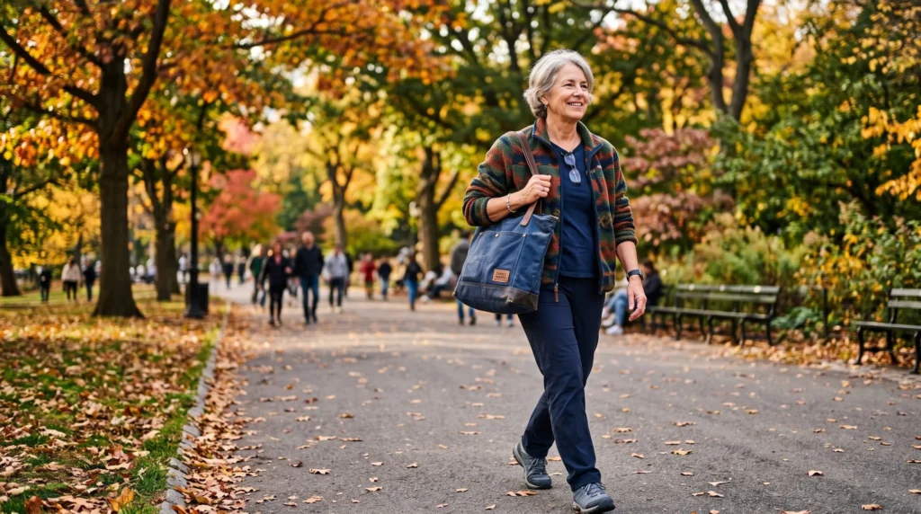 Persona mayor de 50 caminando en el parque, hábito que ayuda a prevenir el dolor de cabeza