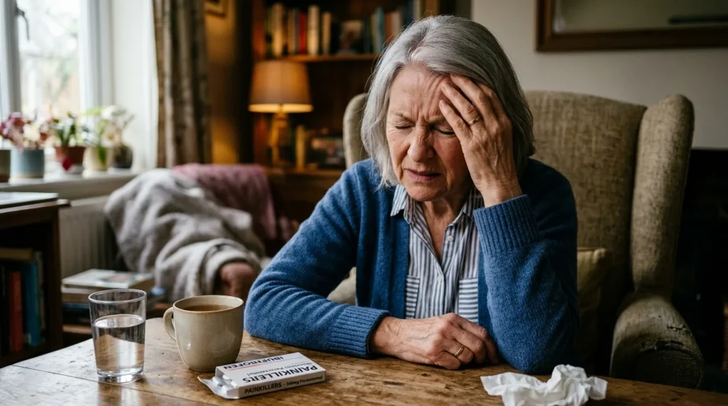 Mujer mayor de 60 años con dolor de cabeza y náuseas
