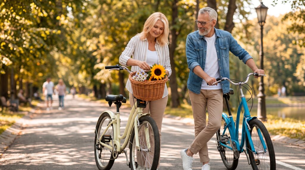 Pareja de más de 50 años caminando junto a sus bicicletas en un parque con árboles otoñales