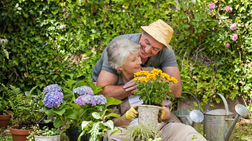 Pareja mayor sonriente abrazada mientras cuida flores en el jardín