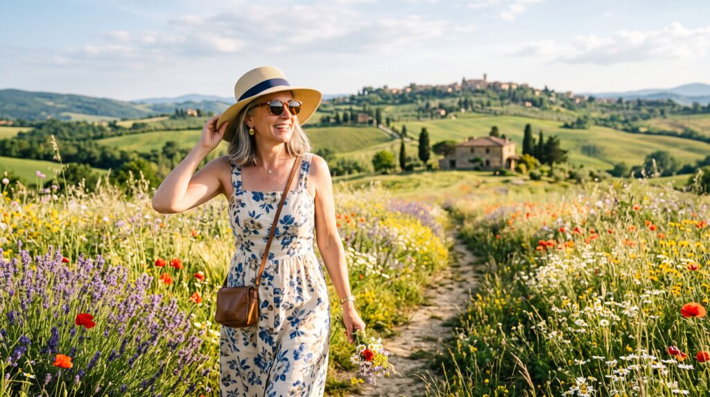 Mujer sonriente de más de 50 años caminando por un campo de flores, símbolo de bienestar y buena vista