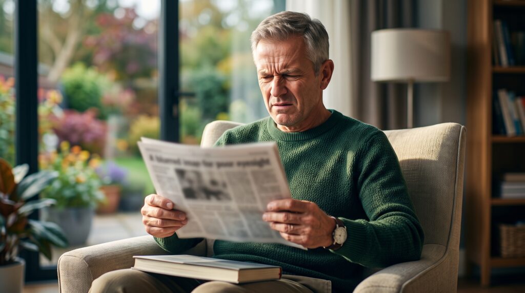 Hombre mayor haciendo esfuerzo para leer el periódico por visión borrosa