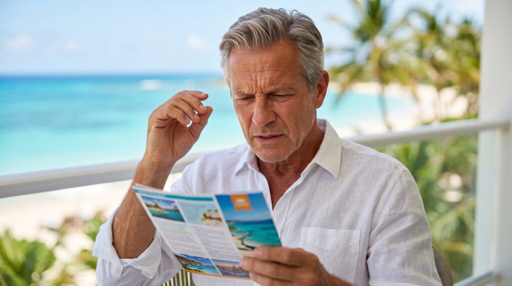 Hombre de más de 50 años entrecerrando los ojos para leer un folleto de viaje en la playa