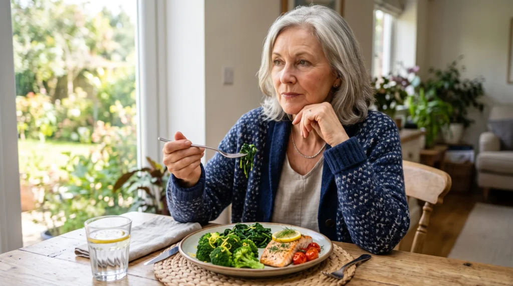 Mujer mayor comiendo espinaca, brócoli y pescado, alimentos que ayudan con la fatiga visual